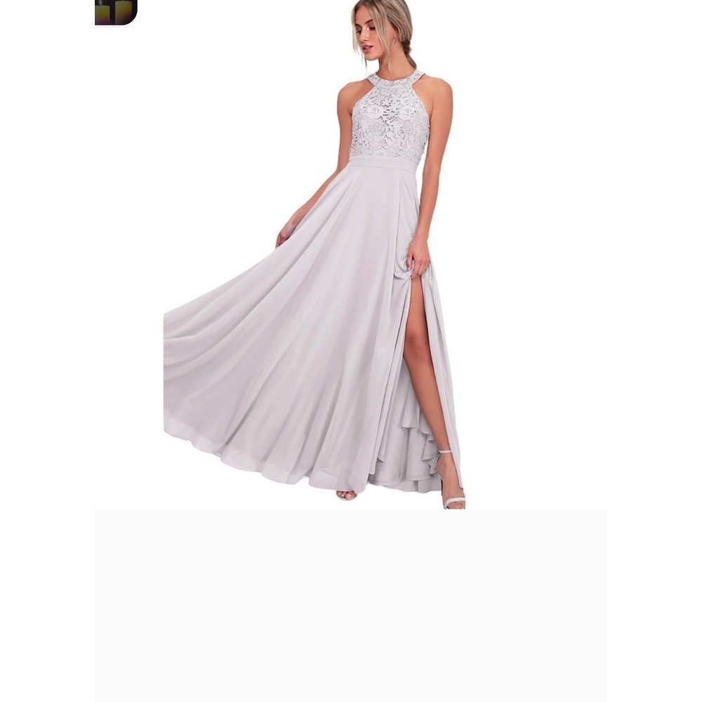 Lulus Dress Womens 1XL Love Poem Halter Gown Grey Maxi Romantic Prom Wedding NEW